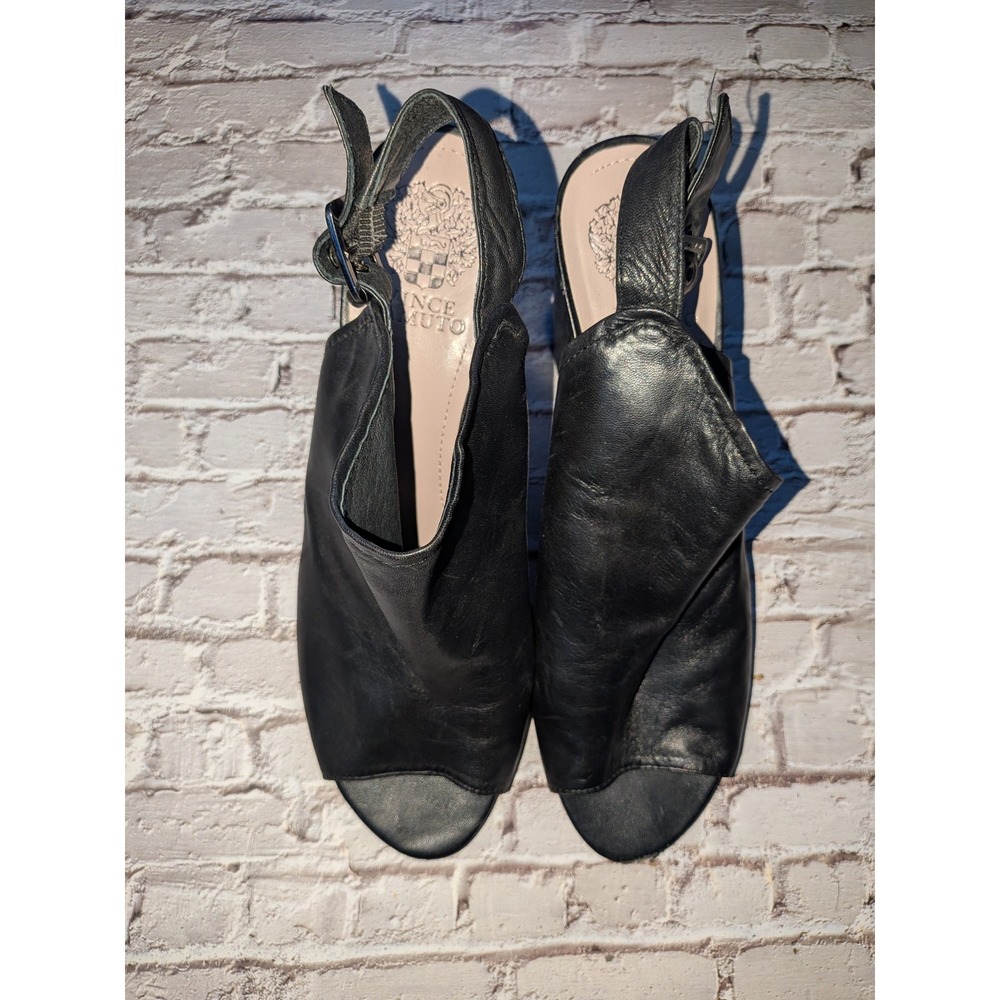 Vince Camuto Black Leather Peep Toe Slingback Block Heel Sandals Womens 10M